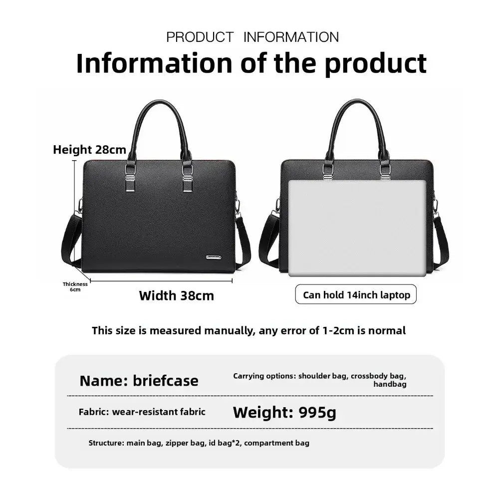 Black leather business laptop briefcase for men with structured design and dual top handles for professional use