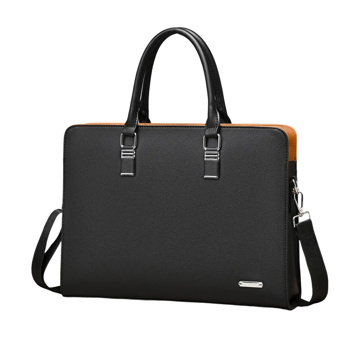 Black leather business laptop briefcase for men with tan trim and silver toned hardware
