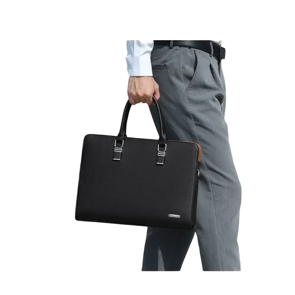Black leather business laptop briefcase for men with silver-toned metal hardware and subtle textured finish