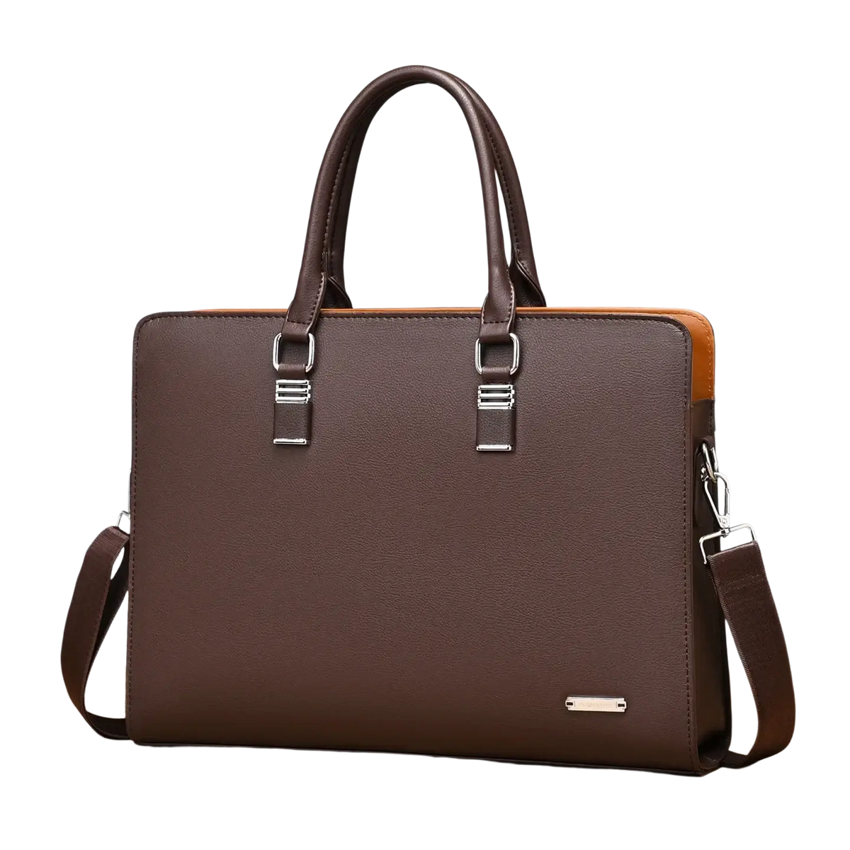 Leather business laptop briefcase for men in brown leather with tan side panels and silver-toned metal hardware