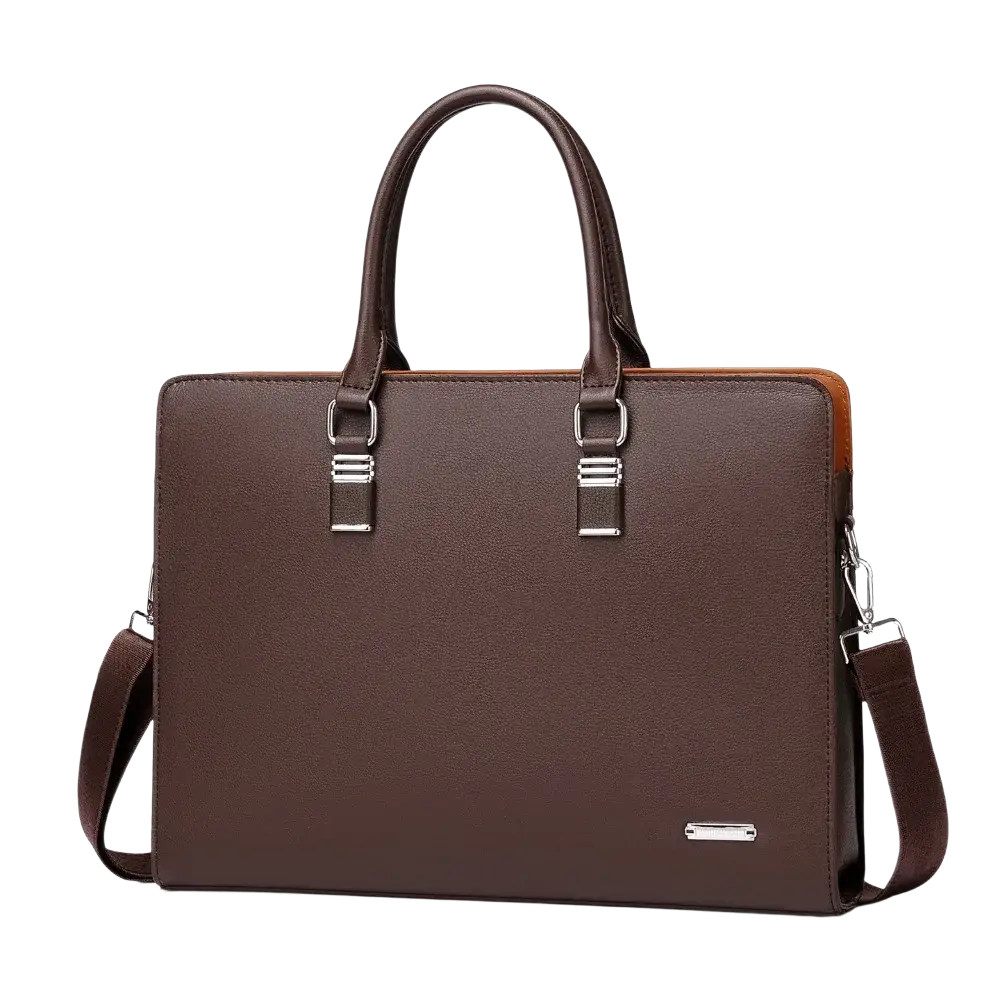 Leather business laptop briefcase for men in brown leather with tan interior lining and silver metal hardware accents