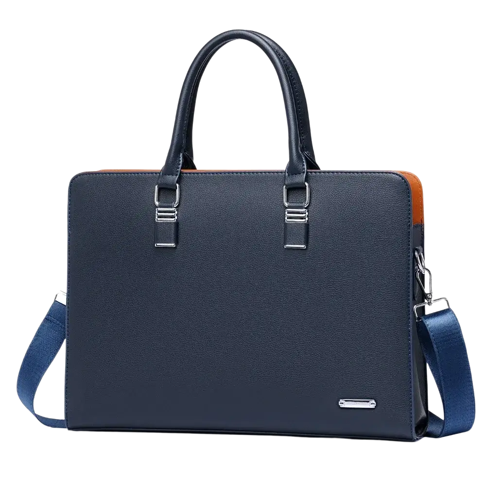 Dark blue leather business laptop briefcase for men with contrasting orange side panels and matching navy strap