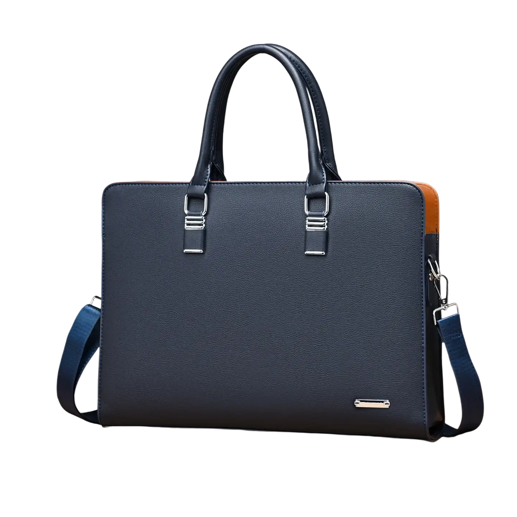 Leather business laptop briefcase for men in navy blue textured leather with orange side panels and silver metal hardware