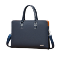 Leather business laptop briefcase for men in navy blue textured leather with orange side panels and silver metal hardware