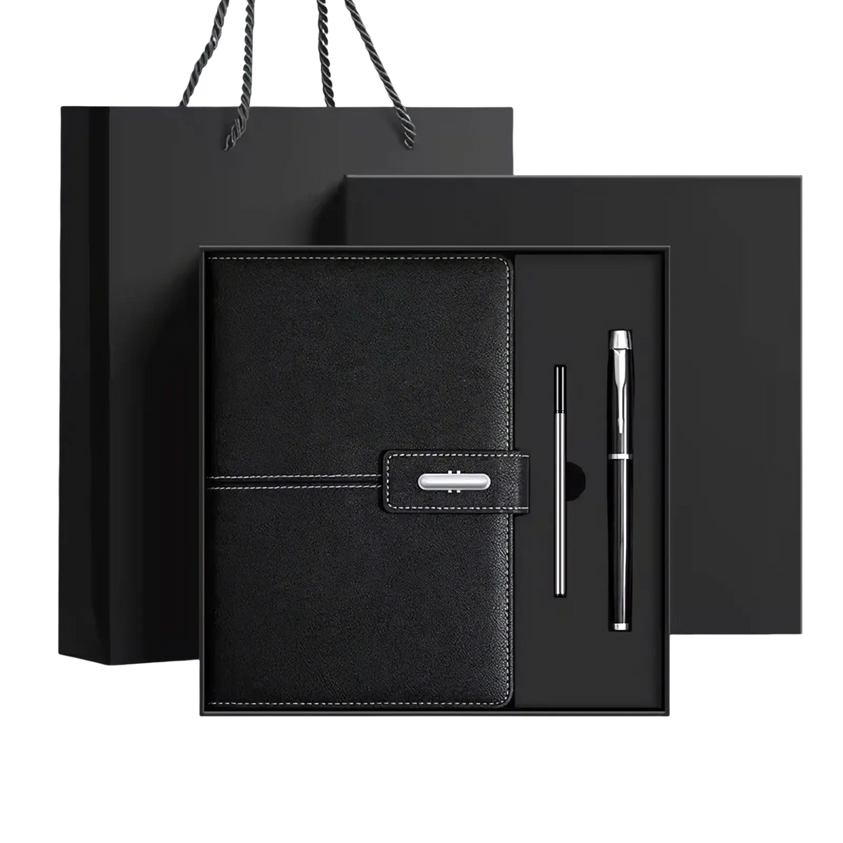 Black leather business notebook set with silver clasp and matching pen in a sleek gift box for professional use