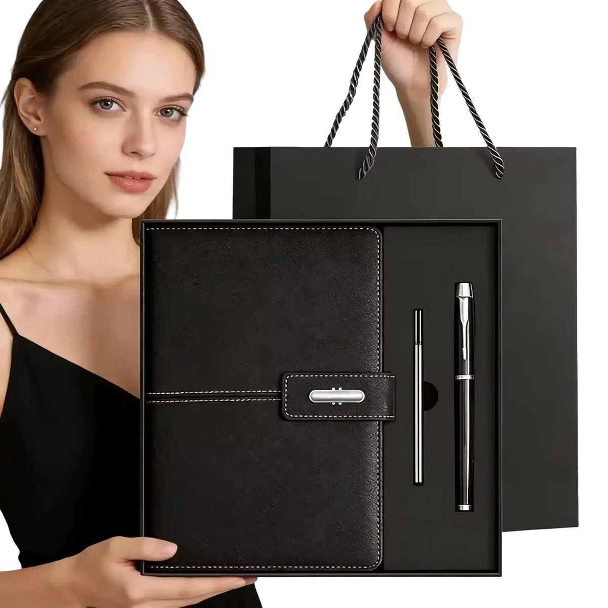 Black leather business notebook set with silver clasp white stitching in matching gift box with sleek pen
