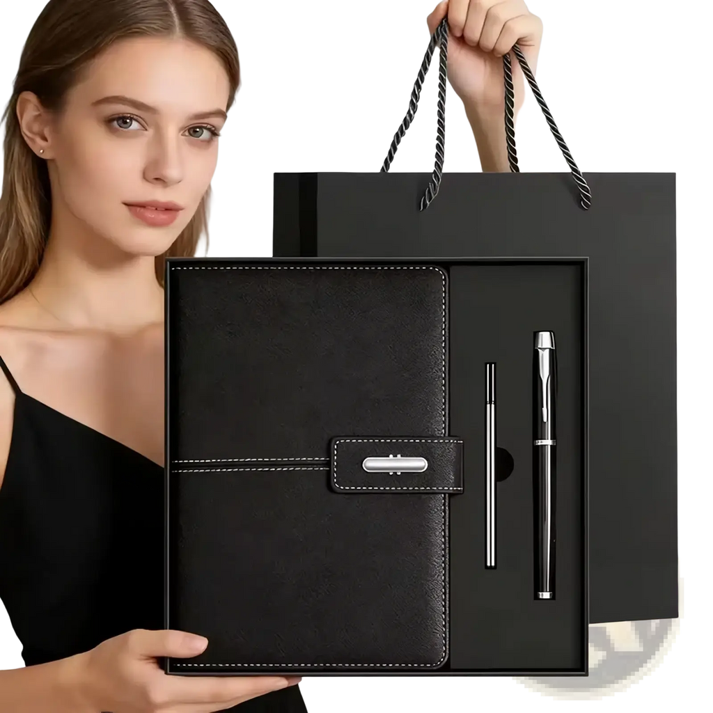 Black leather business notebook set with silver clasp white stitching in matching gift box with sleek pen