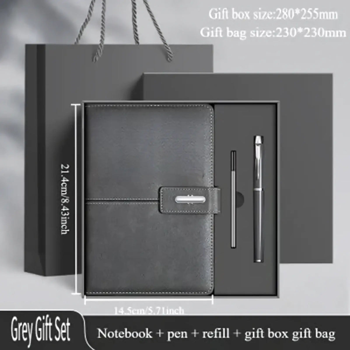 Dark grey leather business notebook with silver clasp and stitched edges in an elegant gift box set with pen