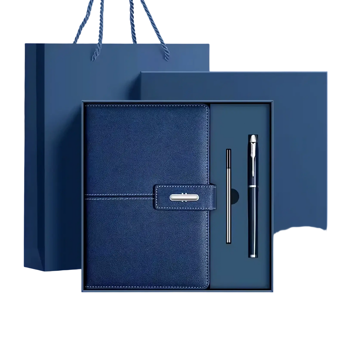 Navy blue leather-bound business notebook set with silver clasp and matching pen in a gift box