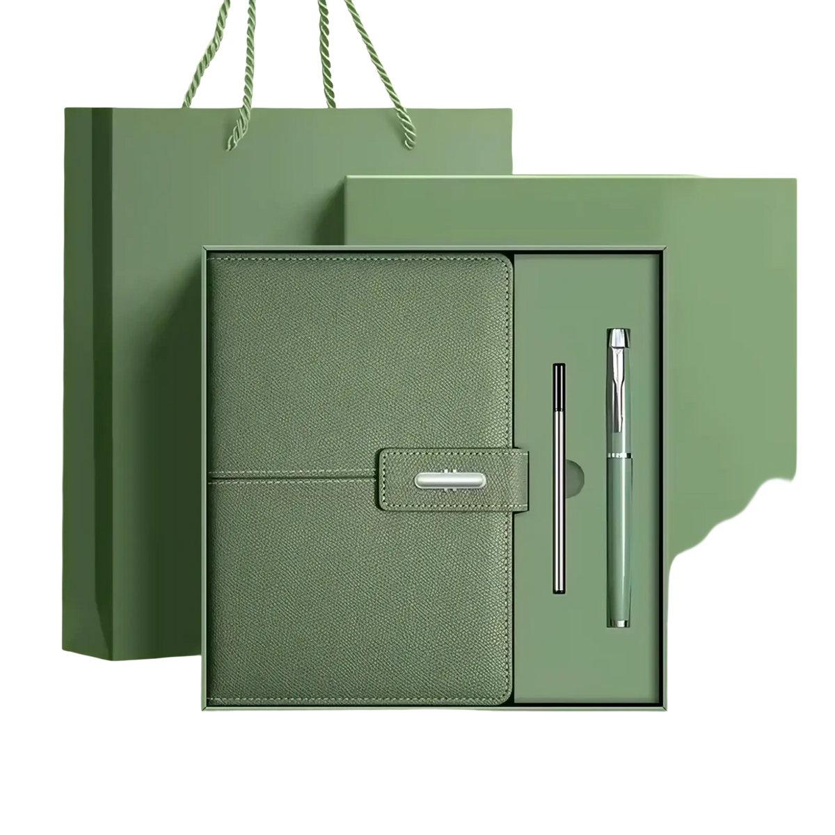 Leather business notebook set with olive green textured leather, silver clasp, and matching pen in a gift box