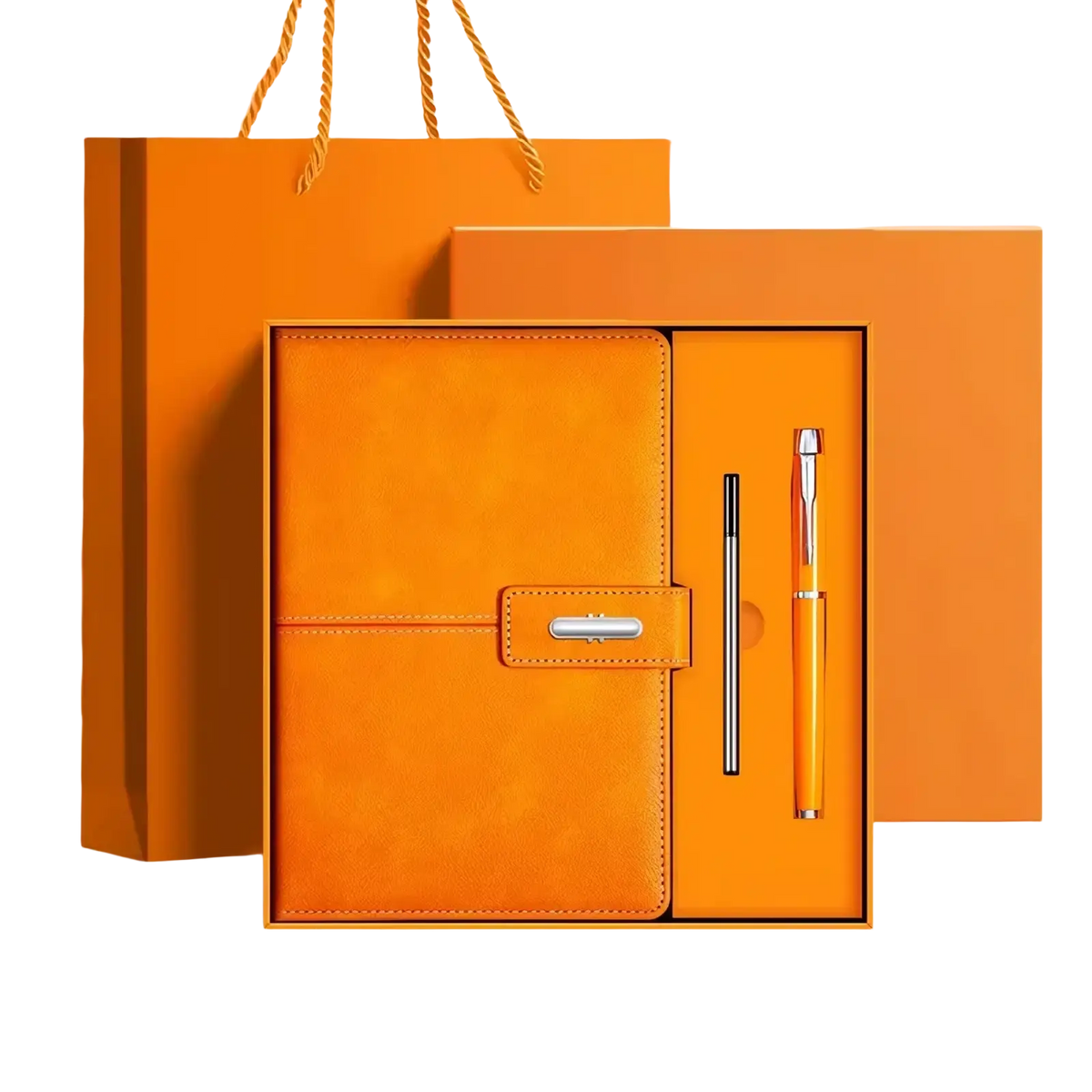 Orange leather business notebook set with silver clasp and matching pen in an elegant gift box
