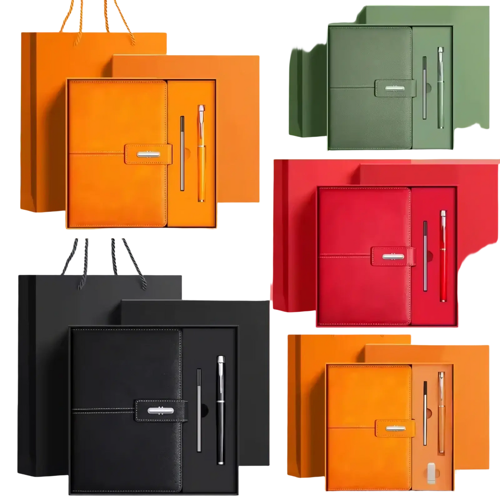 Orange leather-bound business notebook set with silver clasp pen presented in a gift box for professional use