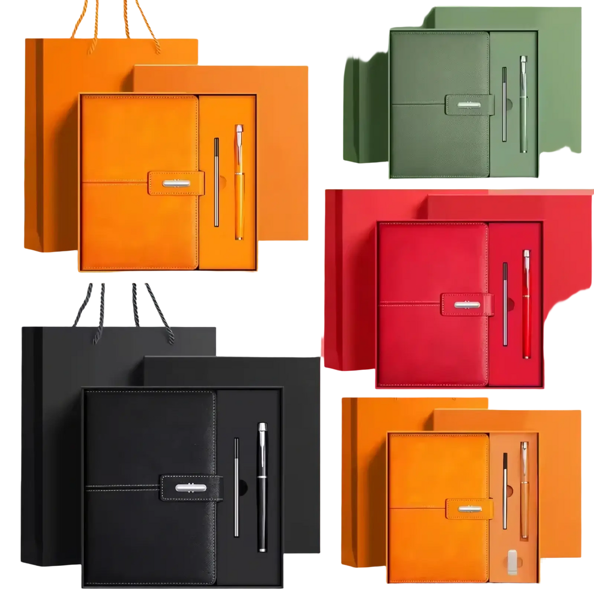 Orange leather-bound business notebook set with silver clasp pen presented in a gift box for professional use