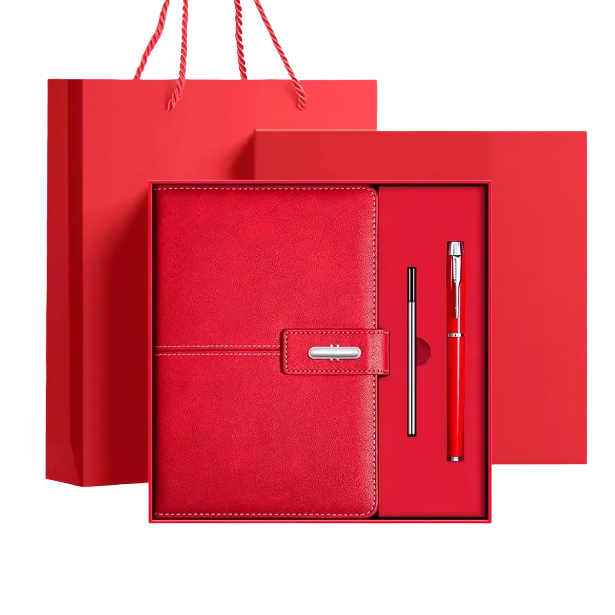 Red leather business notebook set with silver clasp and matching pen in a gift box for professional use