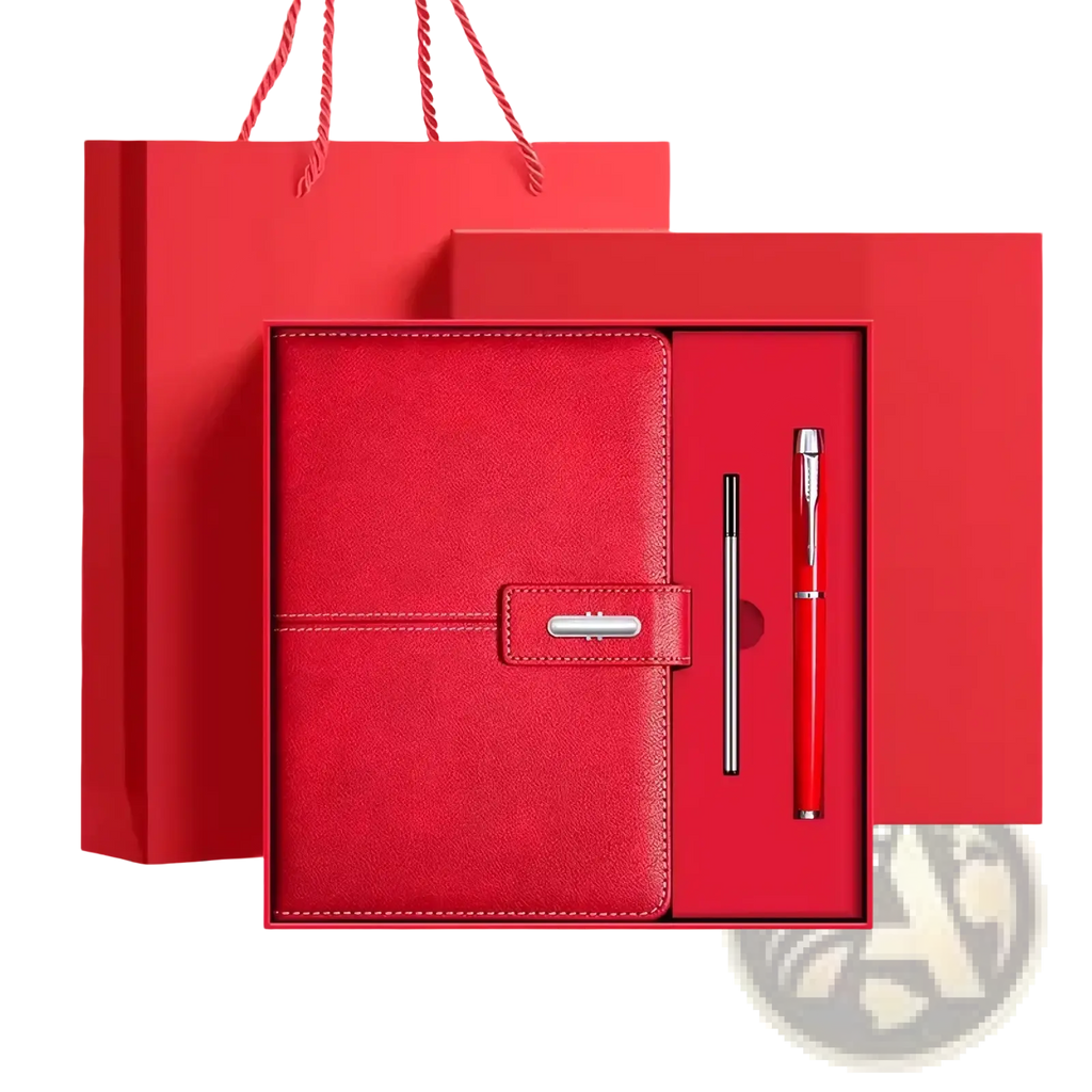 Red leather business notebook set with silver clasp and matching pen in a gift box for professional use