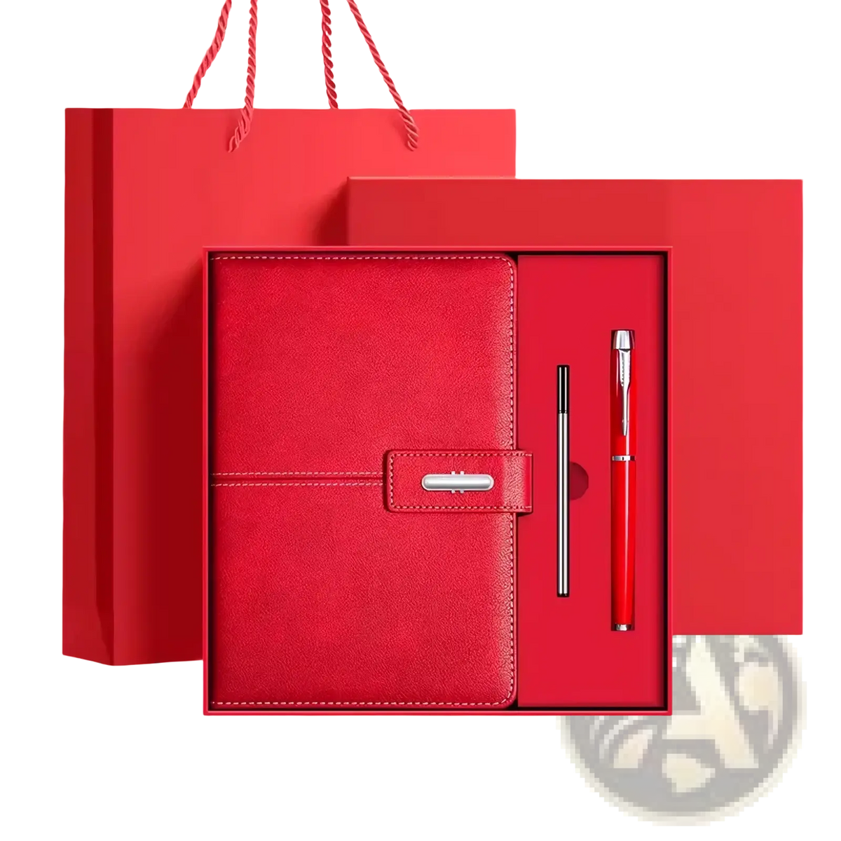 Red leather business notebook set with silver clasp and matching pen in a gift box for professional use