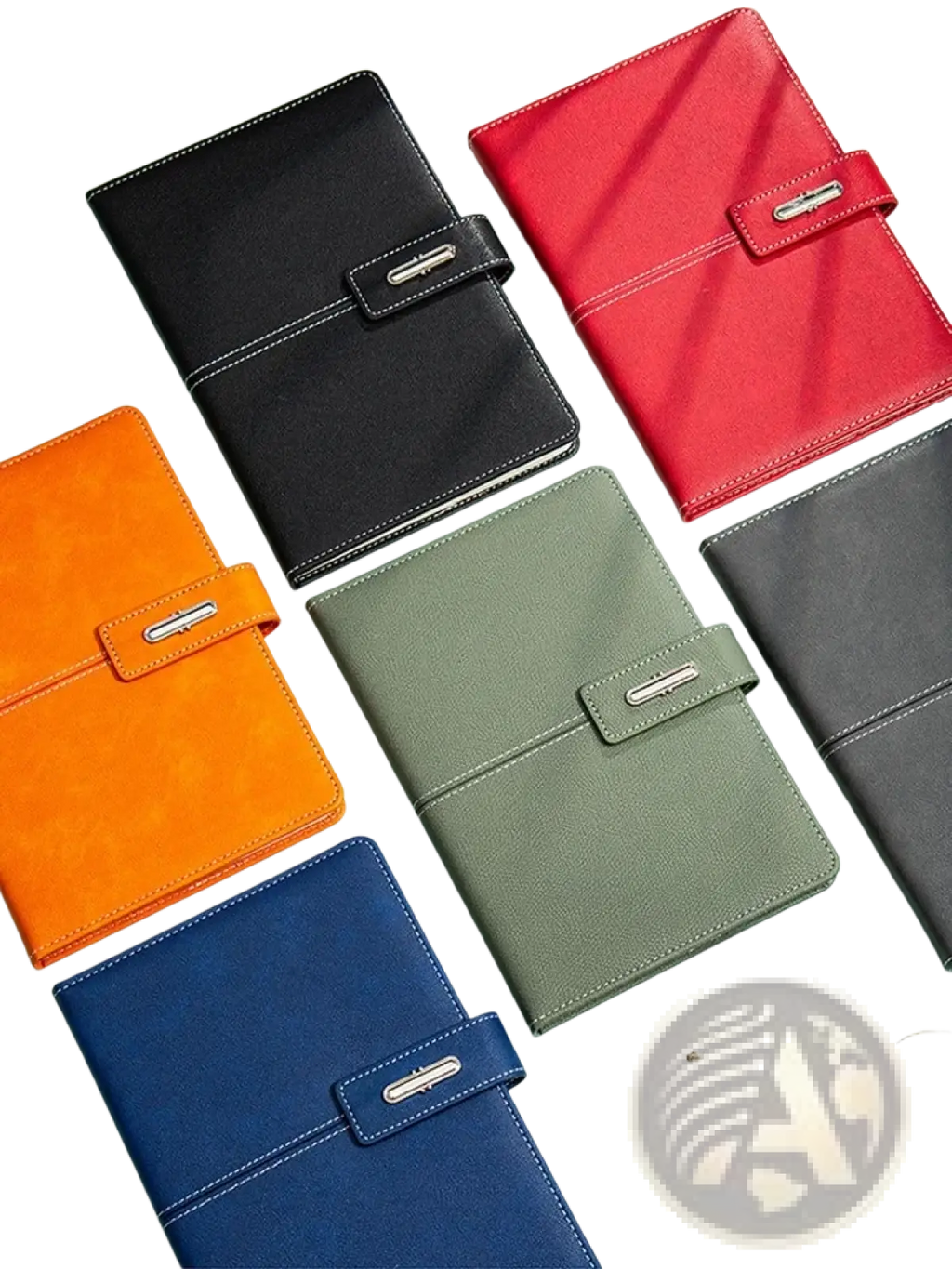 Six colorful leather business notebooks with silver-toned buckle closures in black red orange olive green navy blue and gray