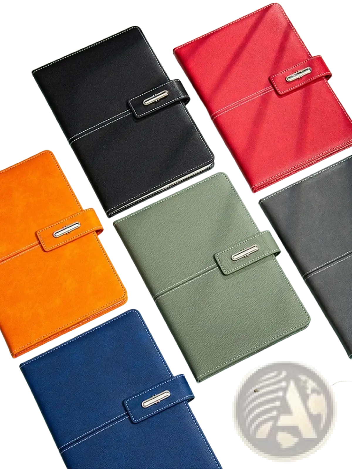Six colorful leather business notebooks with silver-toned buckle closures in black red orange olive green navy blue and gray