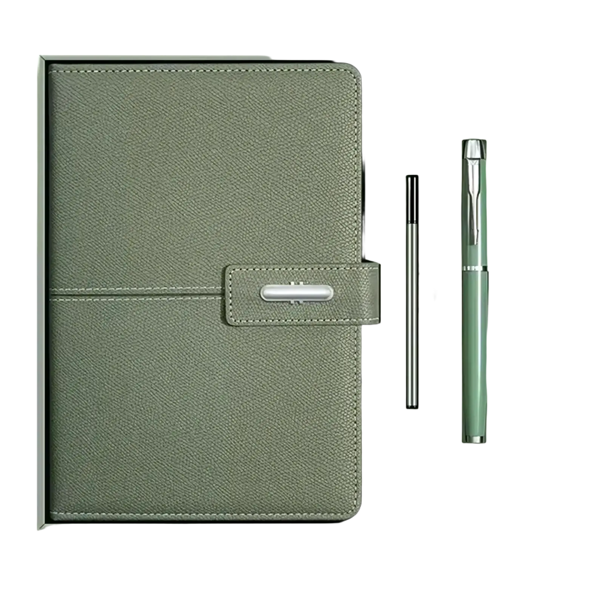 A sleek olive green leather business notebook with silver buckle clasp, mint-green pen, and black stylus in gift box