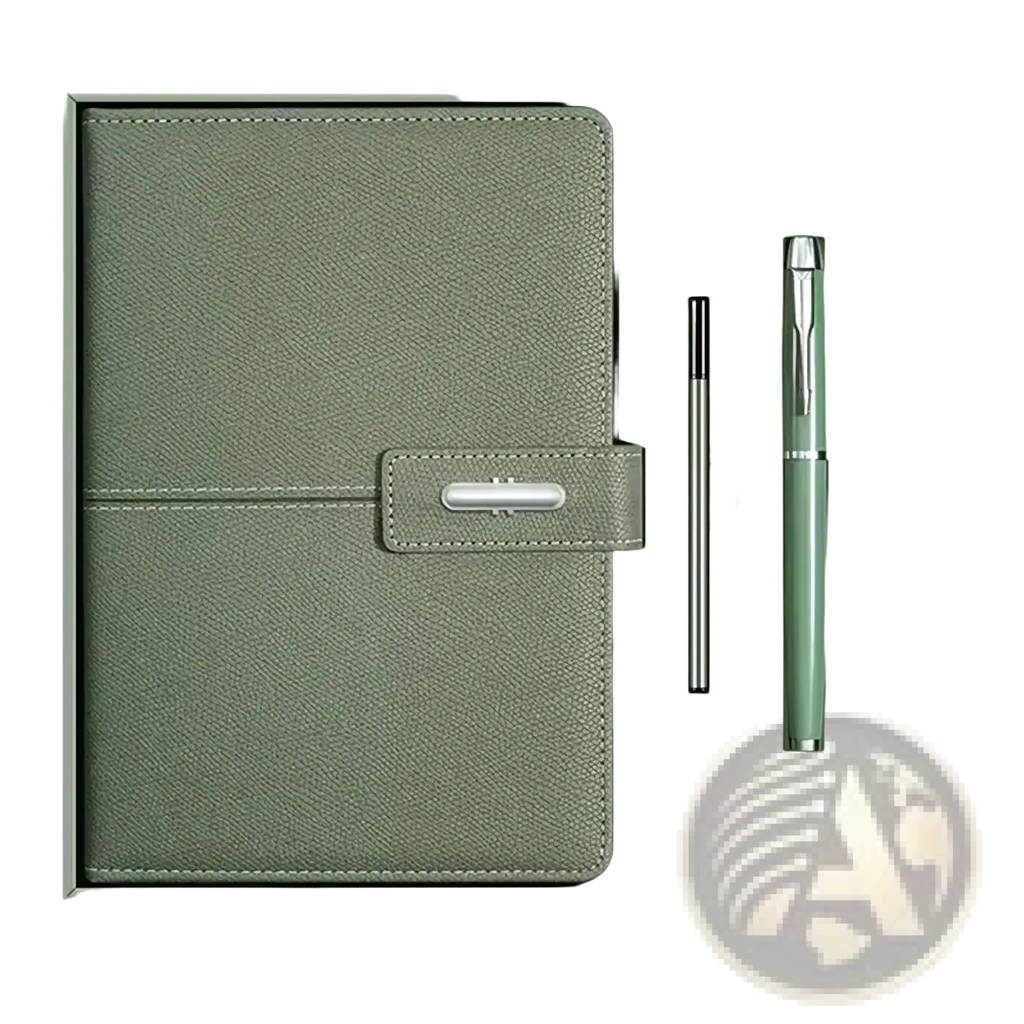 A sleek olive green leather business notebook with silver buckle clasp, mint-green pen, and black stylus in gift box