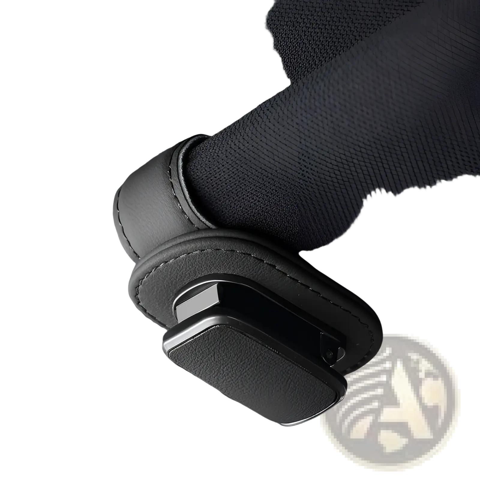 Black leather car glasses clip holder with sleek metallic clasp for secure pu leather case storage