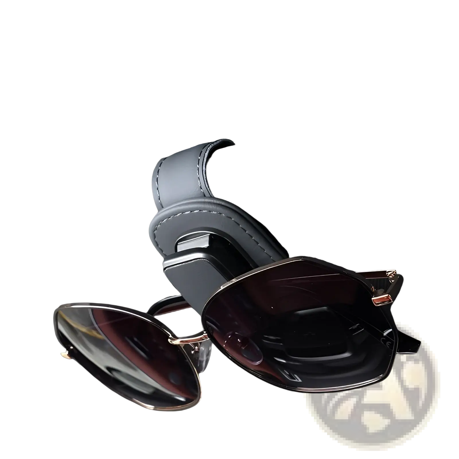 Gray leather car glasses clip holder with black plastic clasp holding dark tinted sunglasses in pu leather case