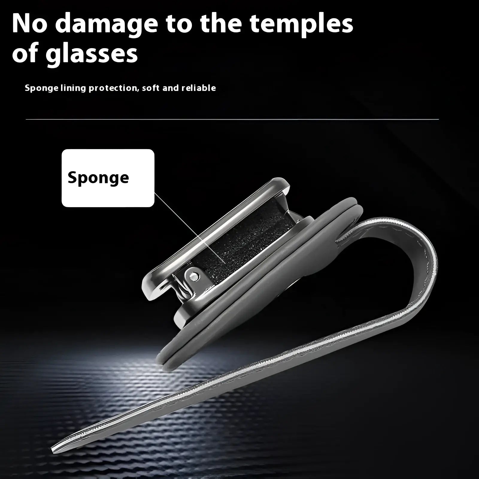 Gray leather car glasses clip holder with sponge lining for temple protection in a pu leather case