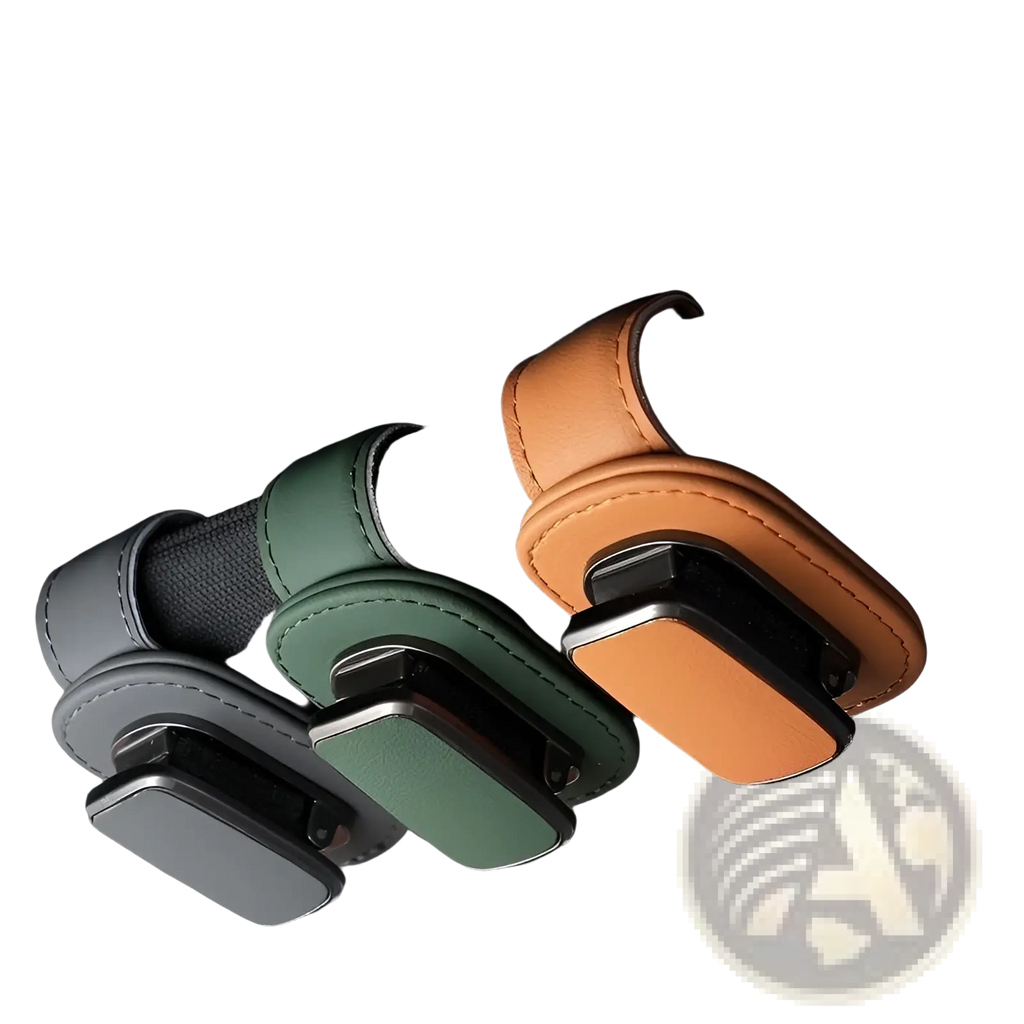 Three leather car glasses clip holders in gray green and tan with black metal clasps for secure storage