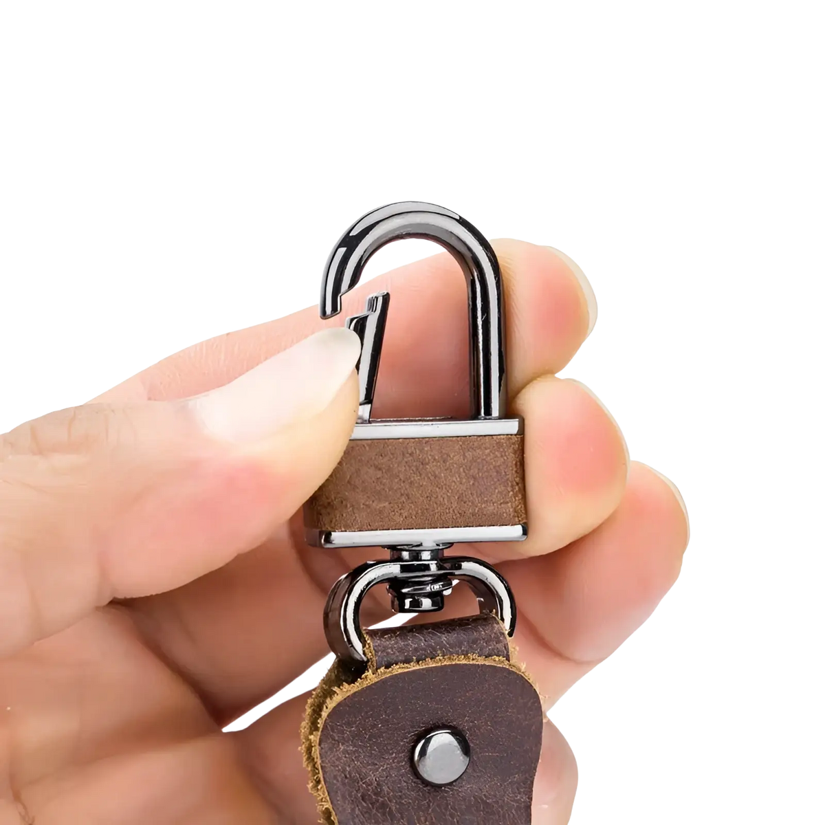 Brown leather car key chain bullcaptain with silver-toned metal lock and ring for secure key organization