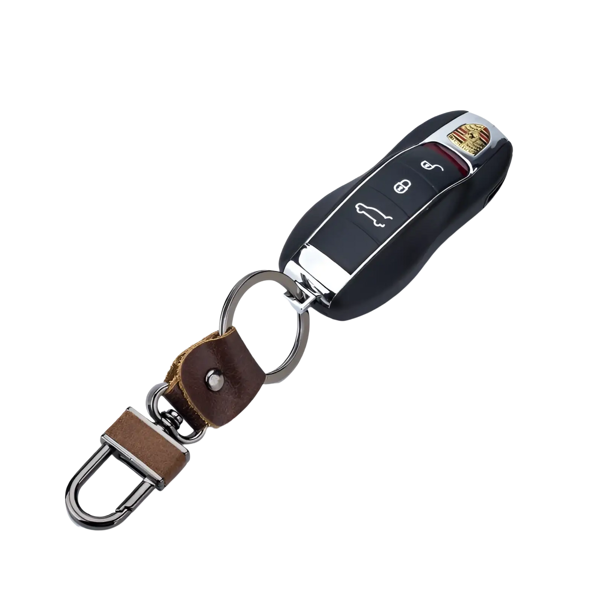 Black leather car key chain with silver metal ring and carabiner featuring a Porsche remote fob by Bullcaptain