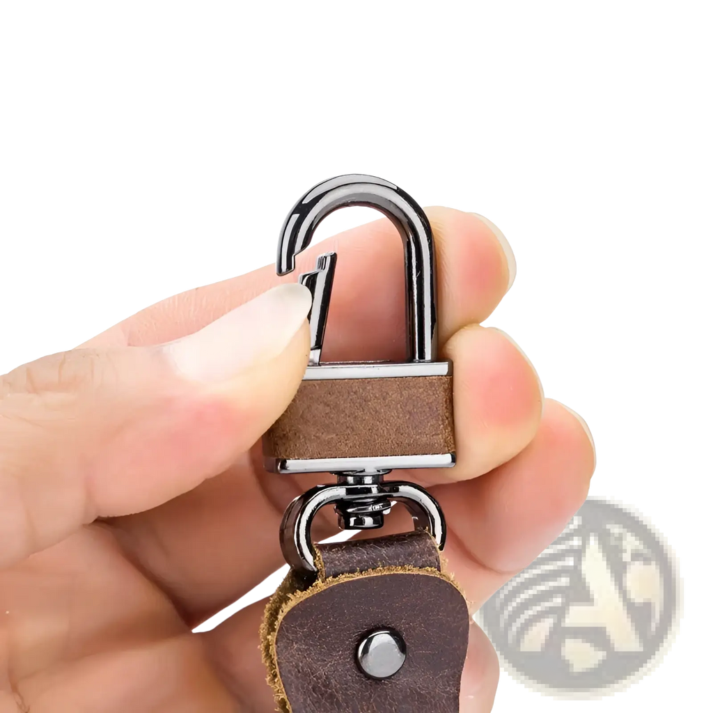 Brown leather car key chain bullcaptain with silver-toned metal lock and ring for secure key organization