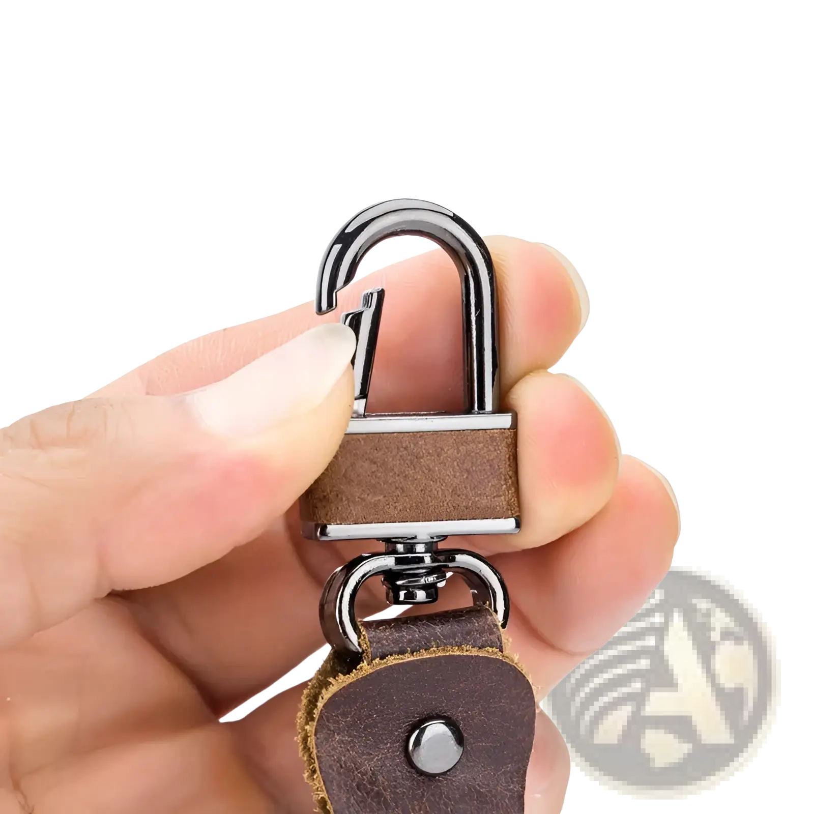 Brown leather car key chain bullcaptain with silver-toned metal lock and ring for secure key organization