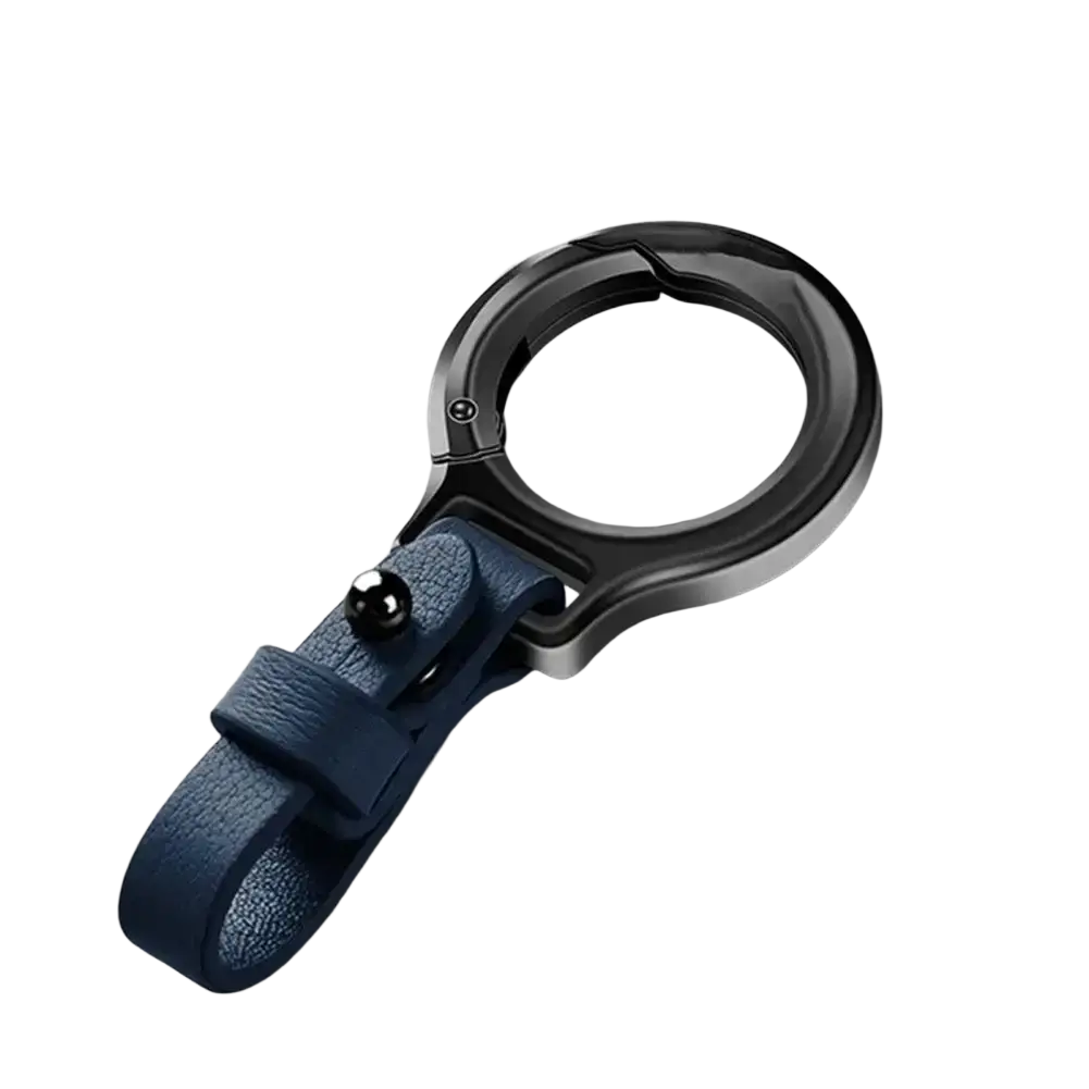 Dark blue leather car keychain with durable black metal ring and silver-toned hardware for elegant key or phone holding
