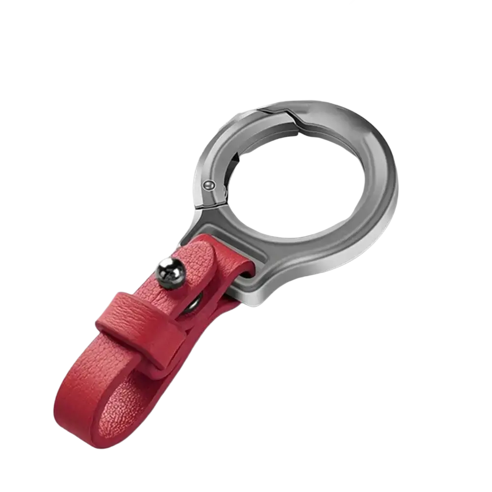 Red leather strap phone stand with silver metal ring and clasp designed as durable keychain holder gift