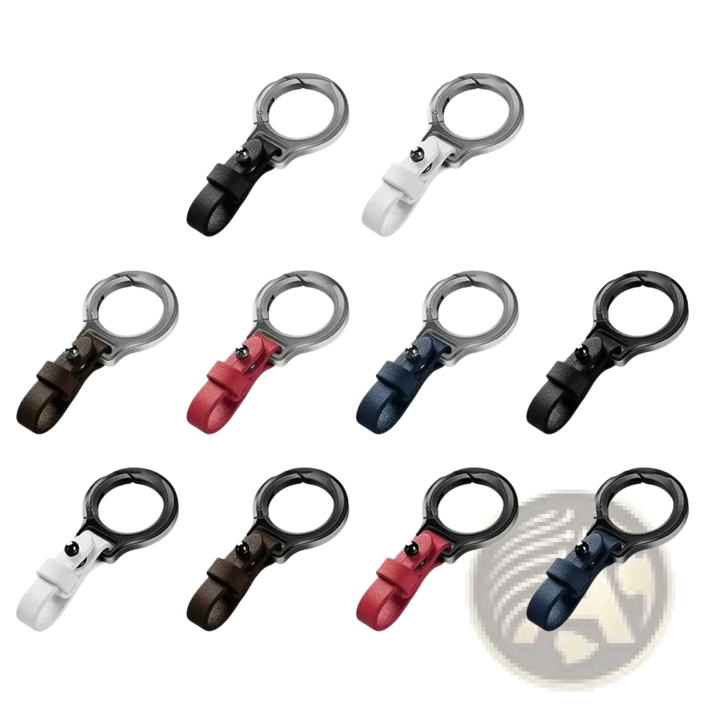 Set of nine leather car keychains with durable metal rings and straps in black white red and navy blue