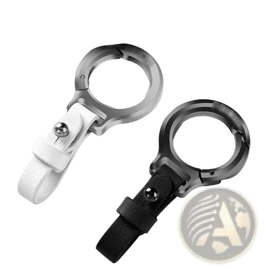 Silver zinc alloy car phone holder with white and black leather straps for a durable leather car keychain gift