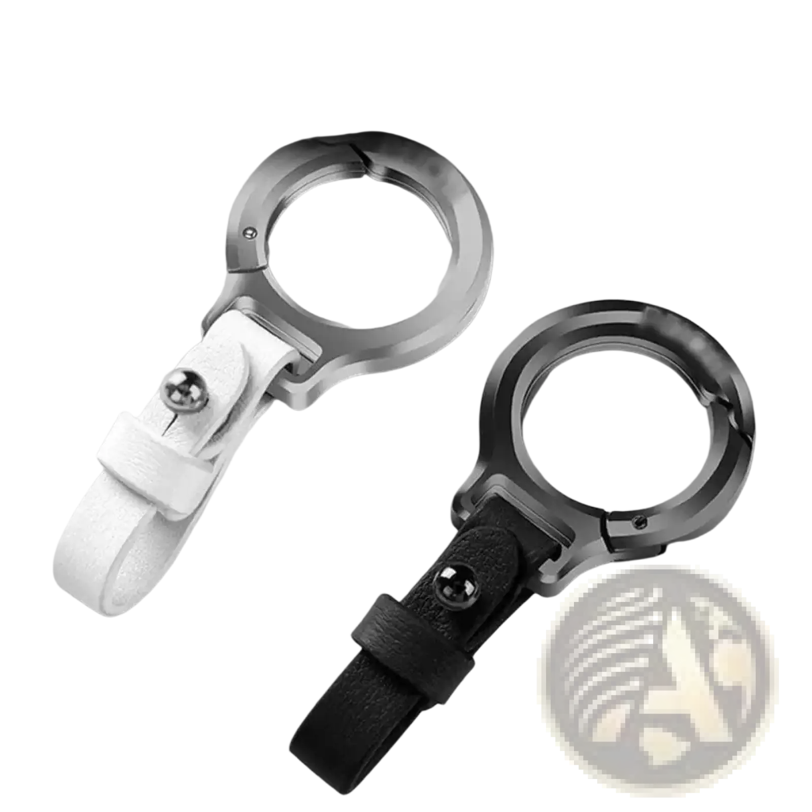 Silver zinc alloy car phone holder with white and black leather straps for a durable leather car keychain gift