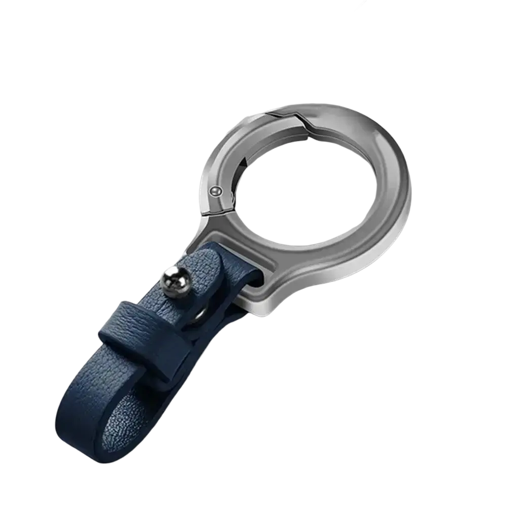 A sleek navy blue leather car keychain with durable silver-toned metal ring and clasp for secure key or phone holding