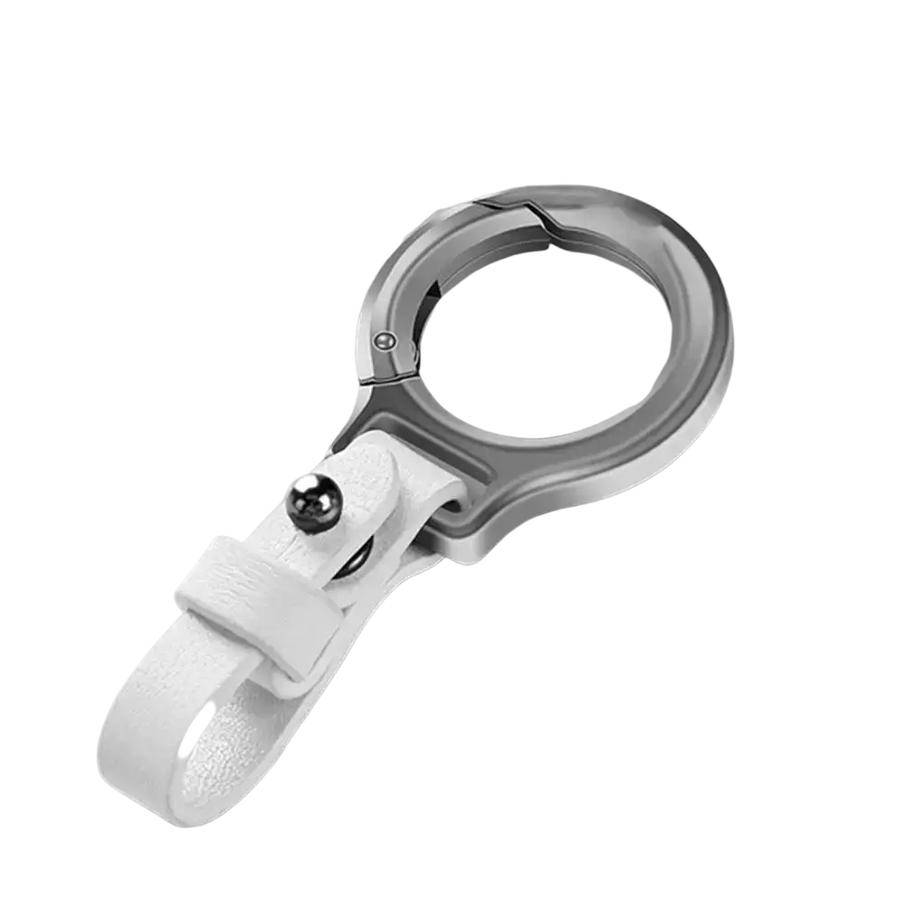 A sleek silver metal carabiner with white leather strap and metallic ball in durable leather car keychain holder