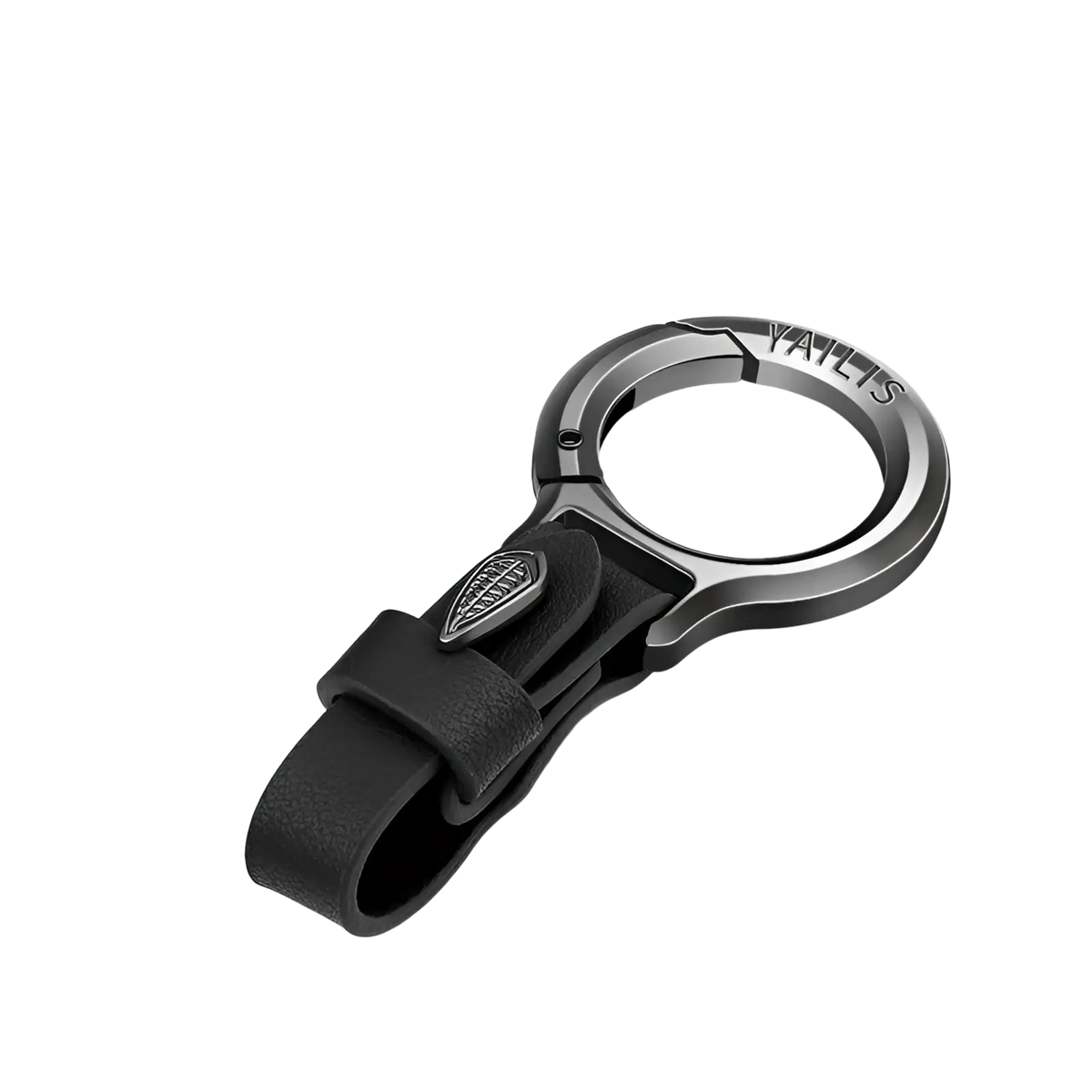 Black leather car keychain with a sleek metallic ring and embossed logo featuring a leaf charm