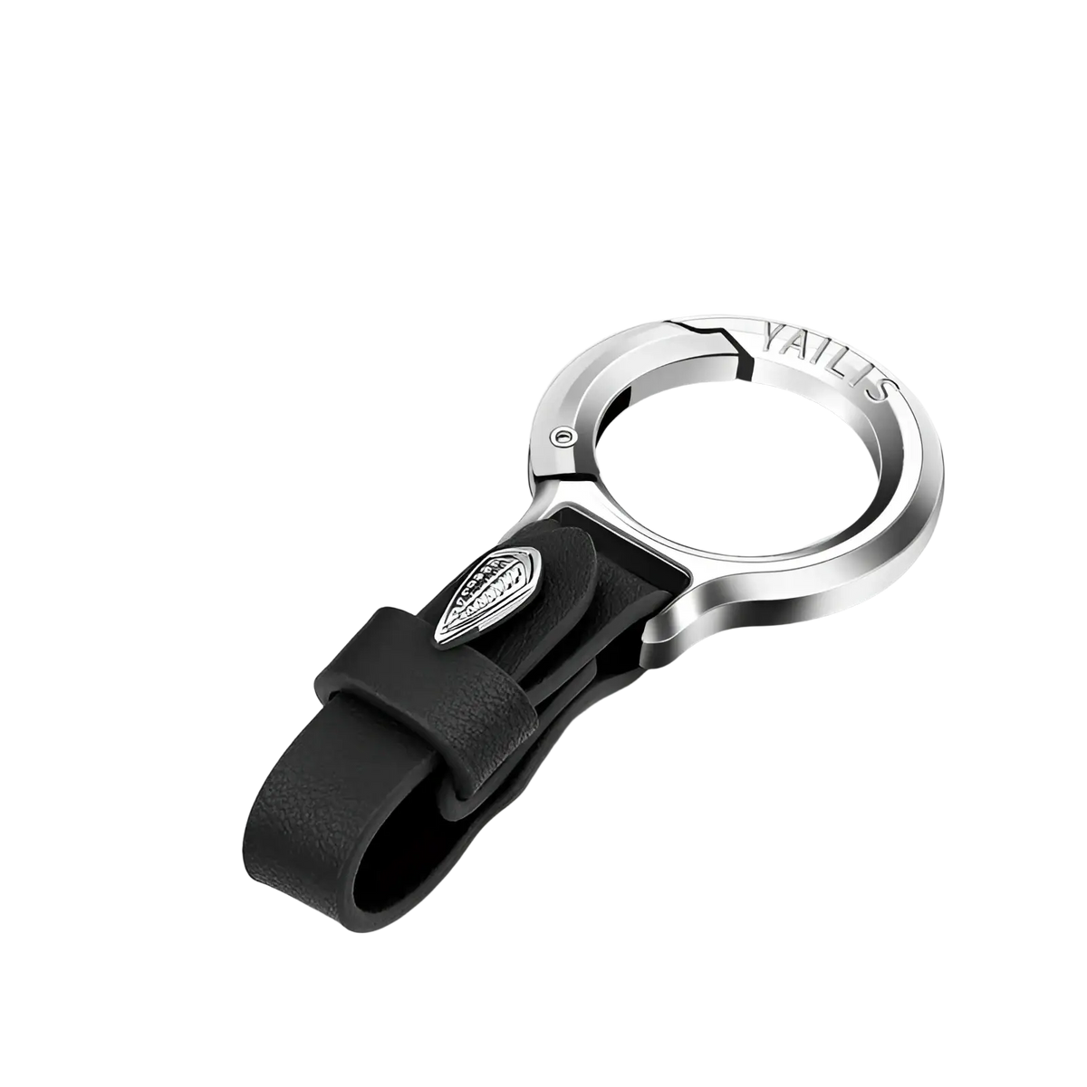 Black leather car keychain with silver metal loop and leaf charm emblem for stylish key organization
