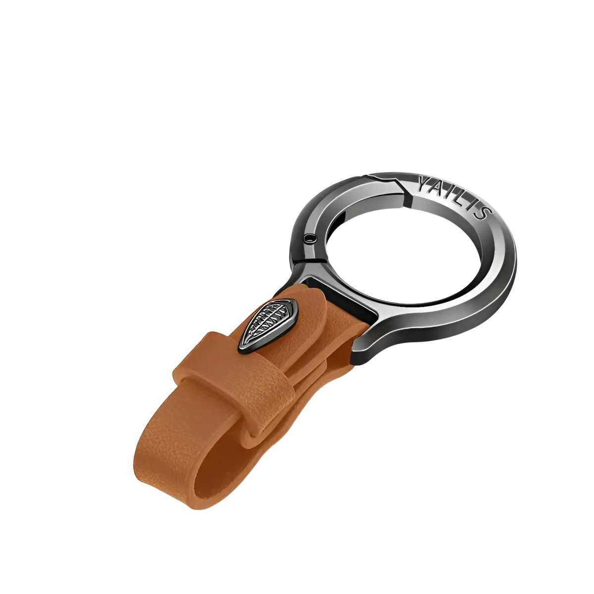 Leather car keychain with brown leather, sleek metallic ring, embossed logo, and attached leaf charm