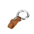 Leather car keychain in brown with a silver metal loop and a small engraved emblem on the leather ring