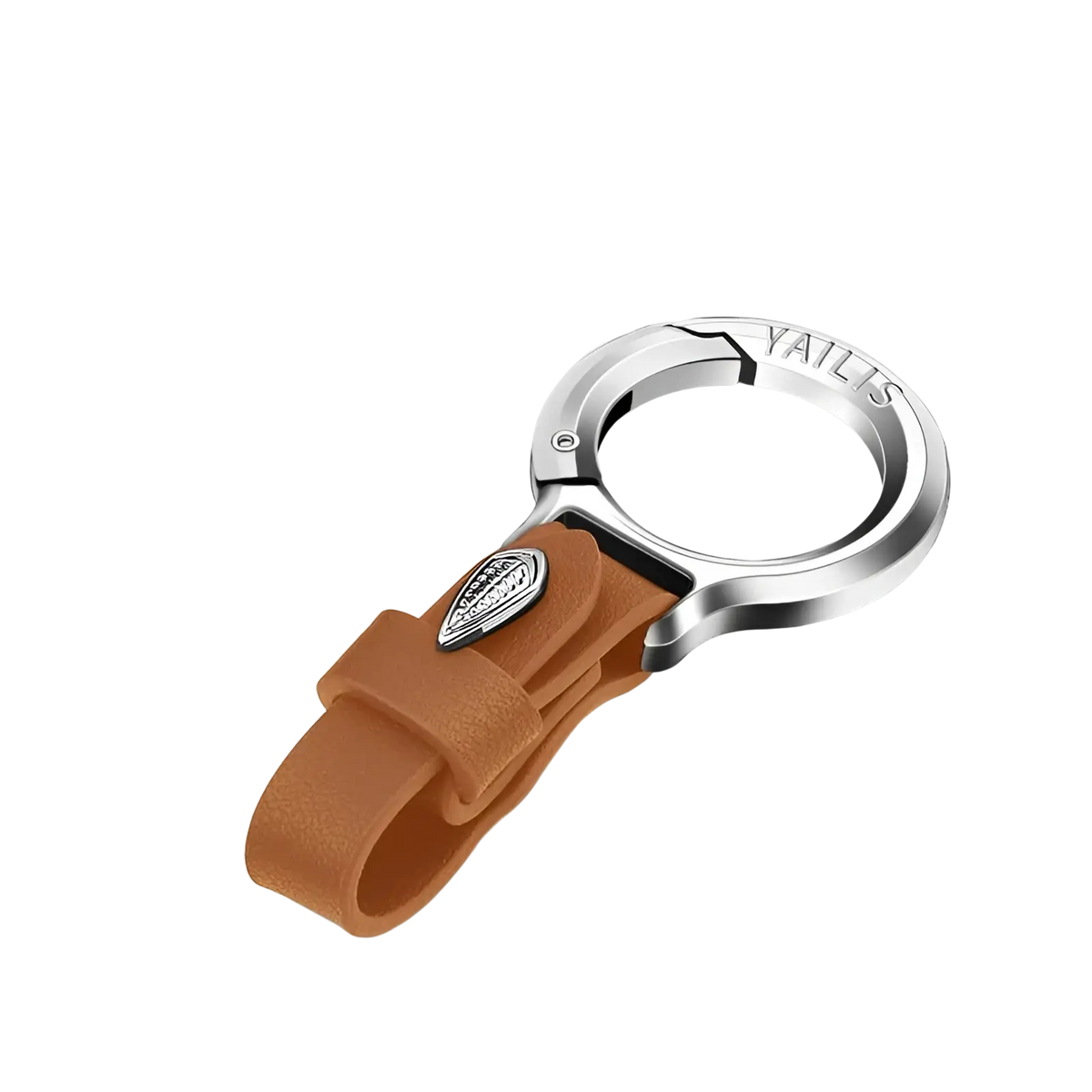 Leather car keychain in brown with a silver metal loop and a small engraved emblem on the leather ring