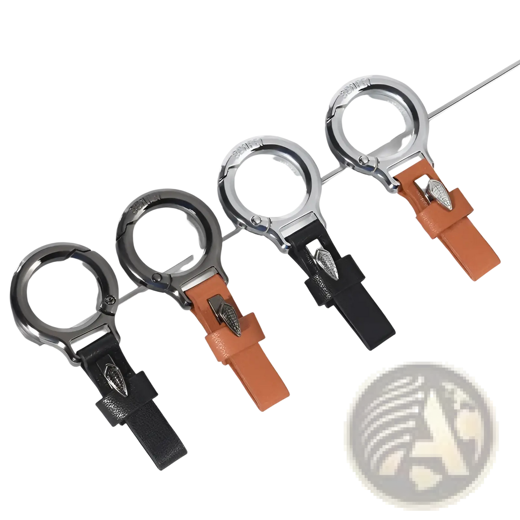 Leather car keychain with black or orange leather strap, silver buckle, and sleek metallic ring featuring leaf charm