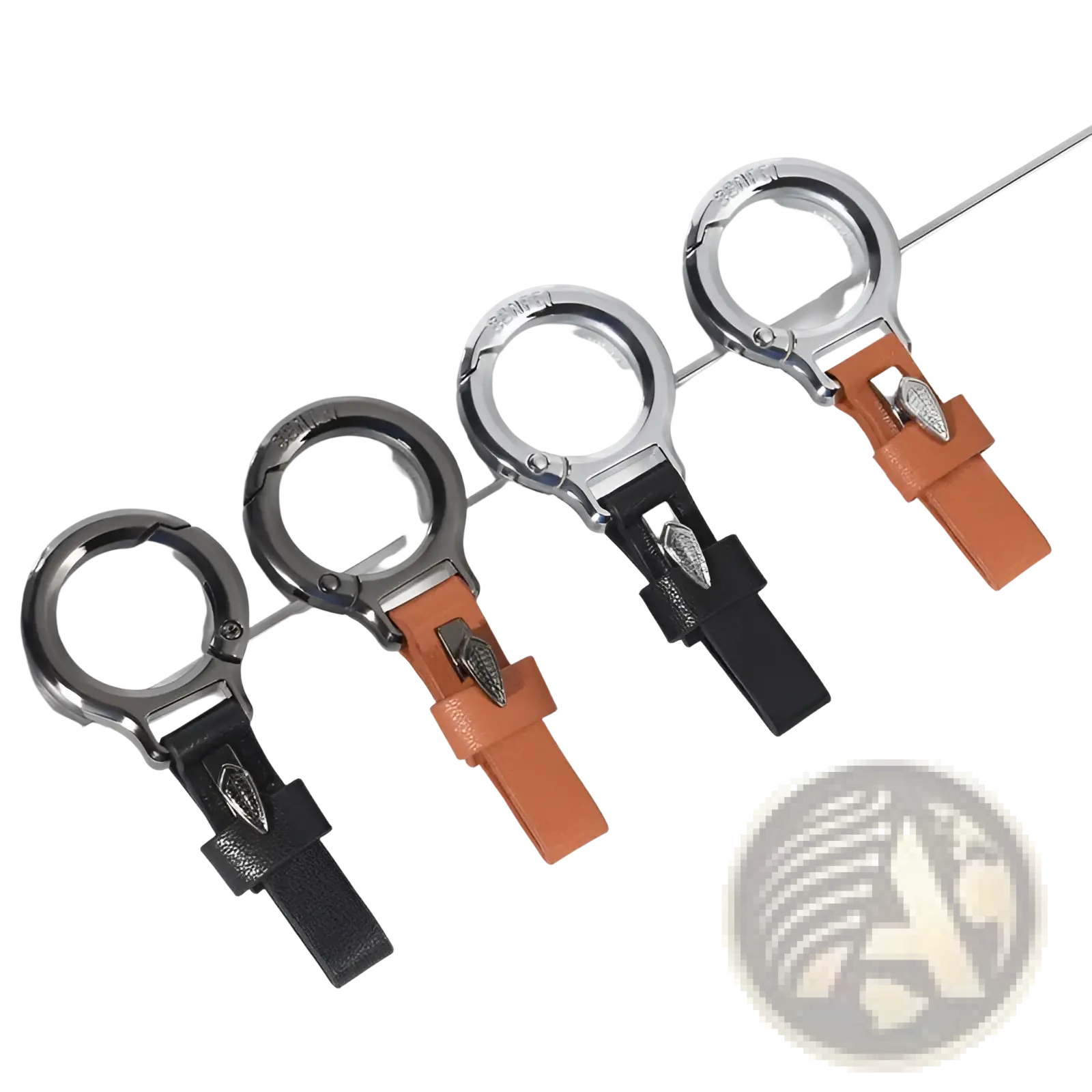 Leather car keychain with black or orange leather strap, silver buckle, and sleek metallic ring featuring leaf charm