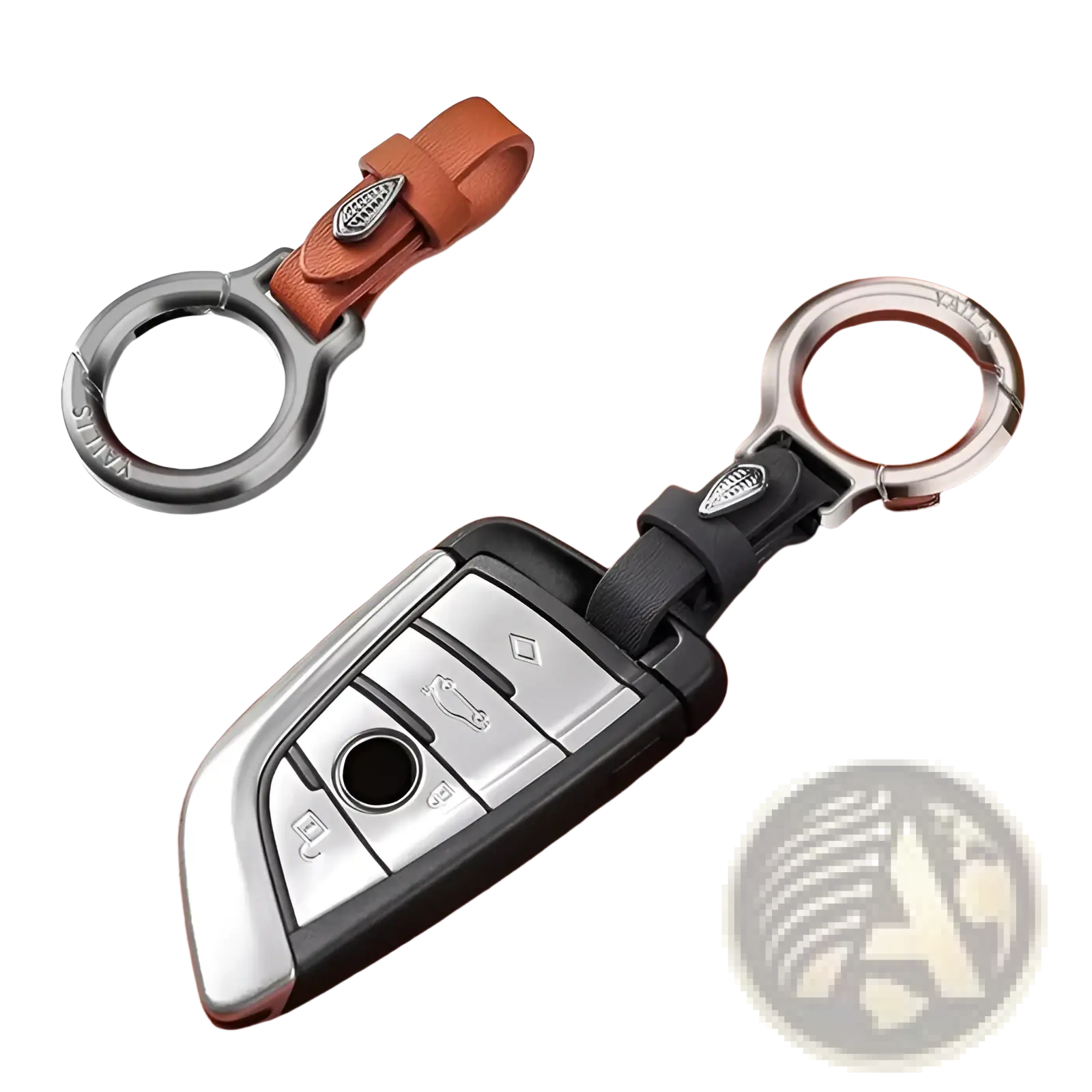 Leather car keychain with leaf charm featuring a silver and black car key fob cover with leather strap and metal ring