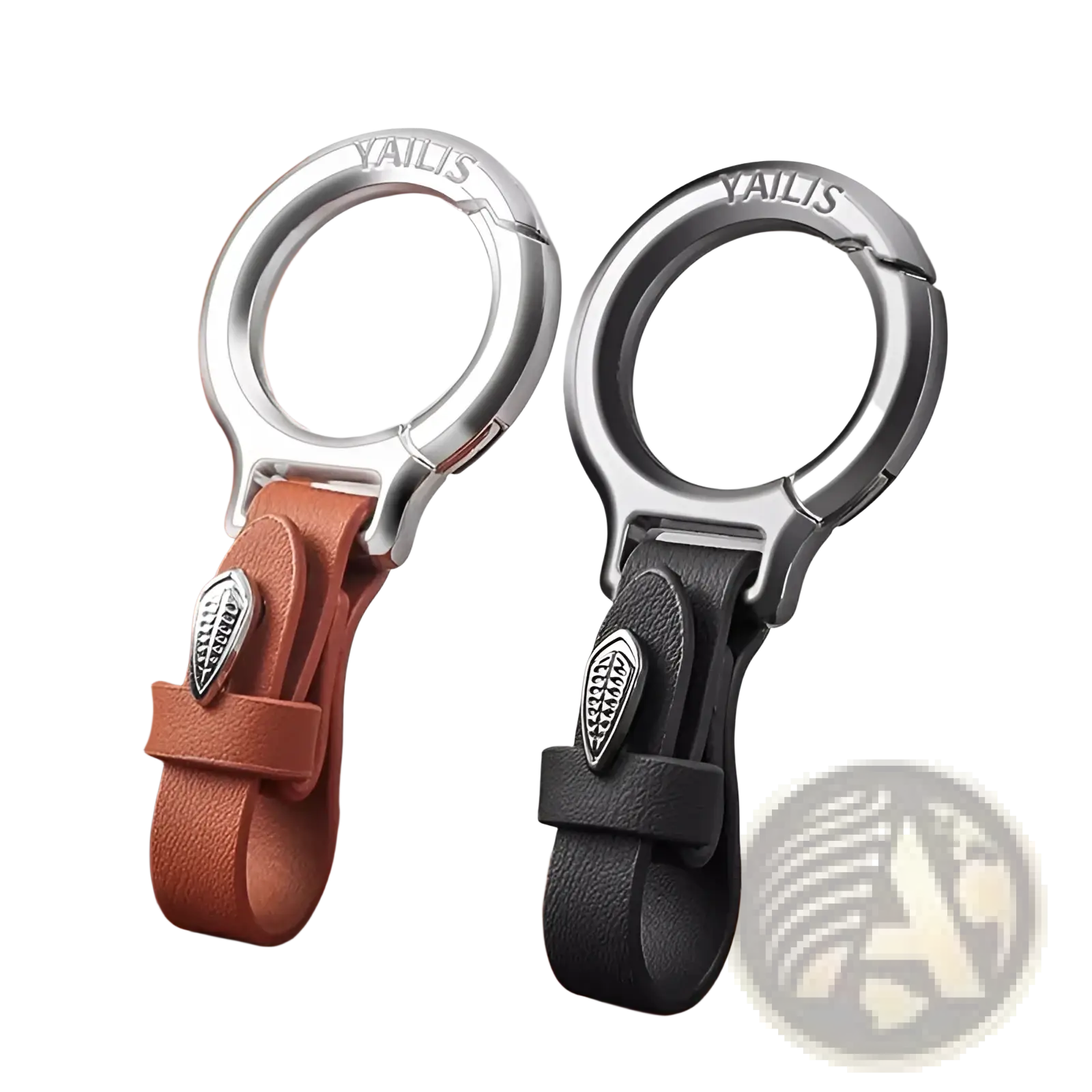 Two yailis leather car keychains with tan and black straps silver metal clasps and leaf-shaped charms