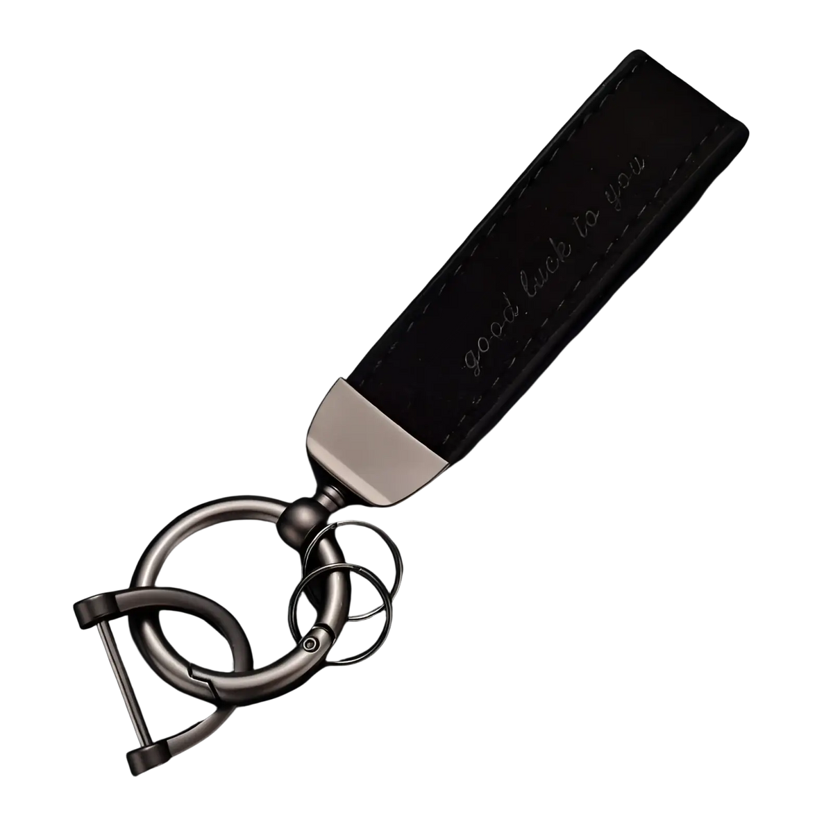 Black leather car keychain with matte metallic finish engraved good luck to you luxury genuine leather key ring