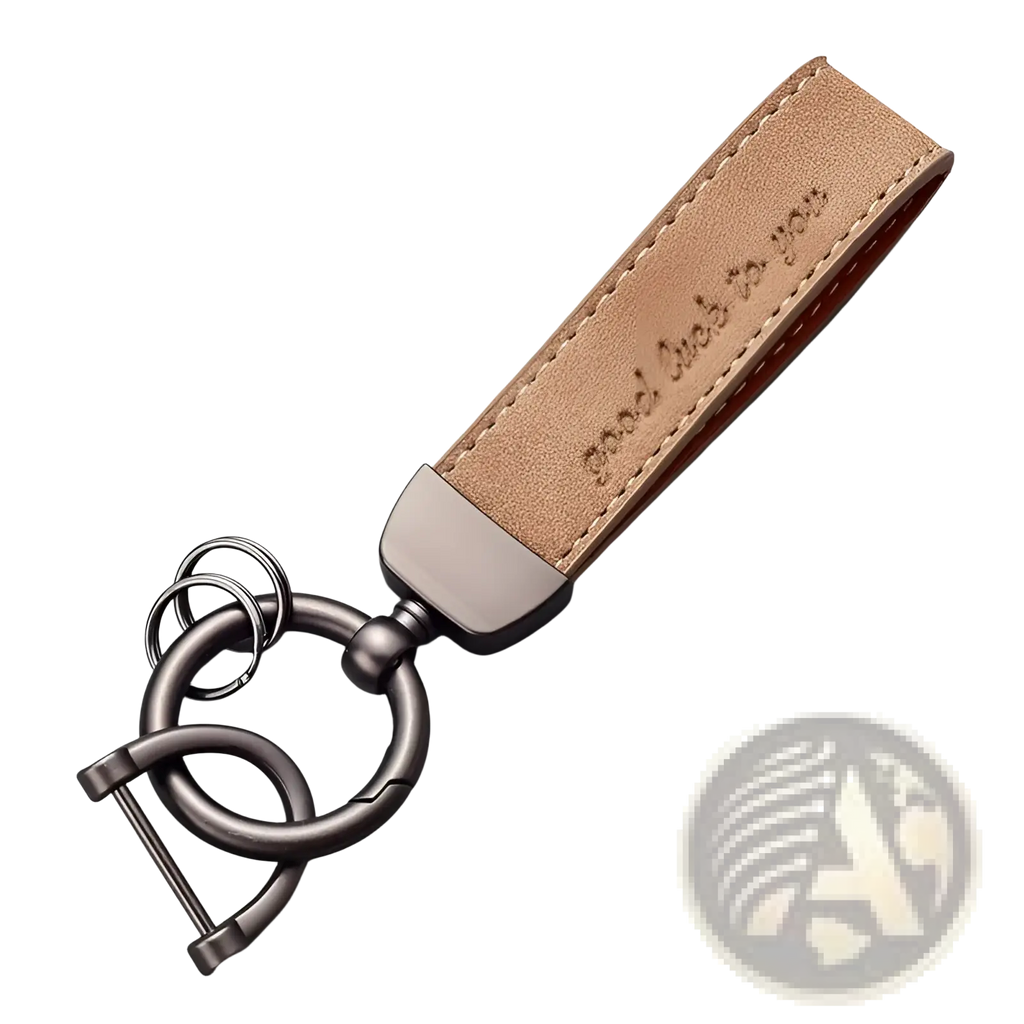 Tan leather car keychain with brushed metal clasp and engraved phrase luxury genuine leather key ring